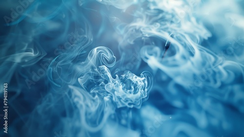 Smoke from a burning incense stick rising in wispy spirals, tinged with blue hues, creating an abstract visualization of peace and tranquility, perfect for a yoga studio advertisement. photo