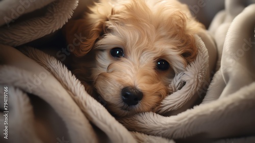 An adorable puppy wrapped in a fluffy fur blanket, looking cozy and warm, perfect for themes of comfort and pet care