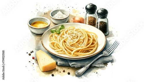 A watercolor painting of Cacio e Pepe, artistically depicting the pasta in a creamy Pecorino and pepper sauce, emphasizing the dish's elegance, simple charm, and flavorful profile.
