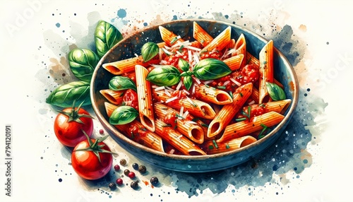 A watercolor painting of Penne all'Arrabbiata, artistically depicting the pasta in spicy tomato sauce, garnished with basil and cheese, highlighting the dish's color and Italian culinary tradition.
