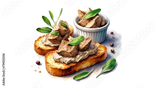 A watercolor painting of Crostini con Paté di Fegatini, artistically depicting the toasted bread with chicken liver paté, enhanced with sage or parsley, emphasizing the dish's creamy paté
