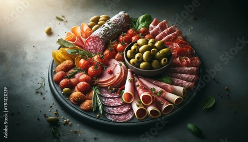 A realistic image of Affettati Misti con Olive, showcasing a selection of Italian cured meats like salami, prosciutto, and coppa, with olives, arranged on a platter, highlighting the variety's colors  photo