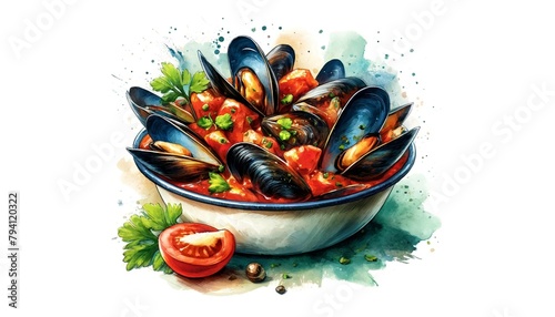A watercolor painting of Cozze alla Marinara, artistically depicting mussels in a tomato sauce, garnished with parsley, emphasizing the Mediterranean flavors, vibrant color, and appealing texture.
