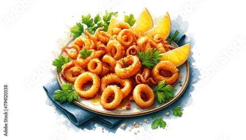 A watercolor painting of Frittura di Calamari, artistically representing crispy calamari rings with lemon and parsley, in a vibrant watercolor style, emphasizing the dish's golden-brown color