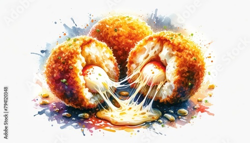 A watercolor painting of Supplì al Telefono, artistically depicting the Roman rice balls with mozzarella, cut open to show the cheese, in a vibrant style, highlighting the dish's texture and street fo photo