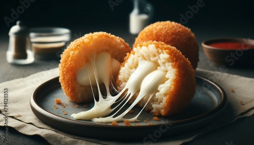 A realistic image of Supplì al Telefono, showcasing traditional Roman rice balls filled with mozzarella, sliced open to reveal stringy cheese, emphasizing the comforting texture and appeal of Italian  photo