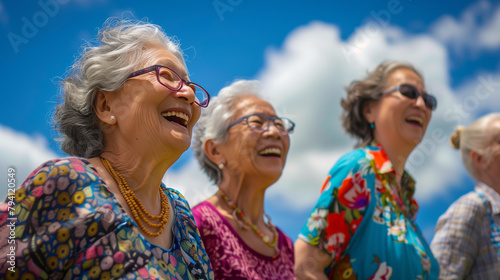 A group of senior women of various ethnicities, all smiling and laughing, participating in a tai chi class outdoors under a bright blue sky with fluffy white clouds