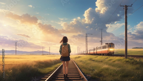 woman walking on railroad tracks, lofi girl
