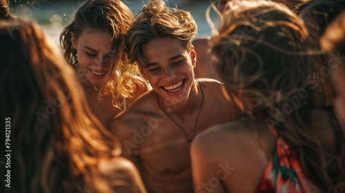 Young happy smiling man in the center. Girls and boys having fun on the sea beach. The pleasure of relaxation and vacation. A group of people on a beach party, with the sky in the background
