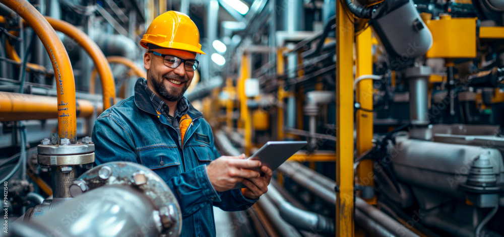 Smiling technician with digital tablet at industrial facility Smiling technician with digital tablet at industrial facility