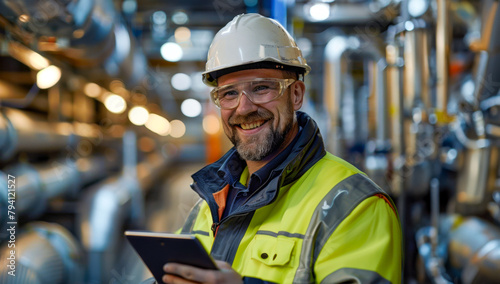 Smiling technician with digital tablet at industrial facility