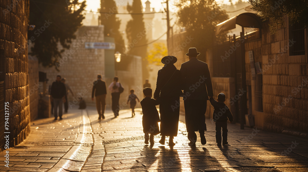 Orthodox Jewish Family Walking on a Cobblestone Street at Sunset in Jerusalem