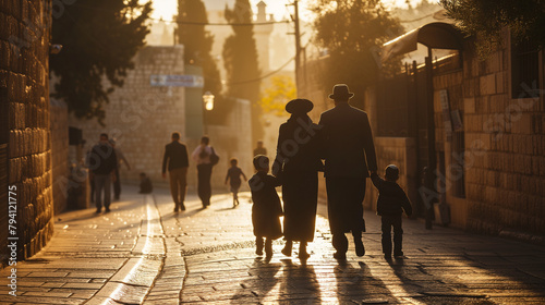 Orthodox Jewish Family Walking on a Cobblestone Street at Sunset in Jerusalem