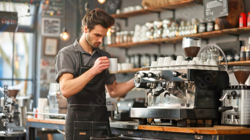 Barista making coffee at an automatic machine in a modern coffee shop. Handsome Barista man with apron preparing coffee for customer in his small business cafe
