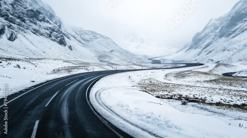 Winding road through a snowy mountain pass. Copy Space