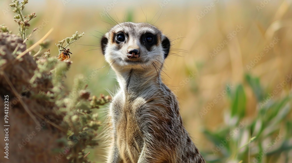 Amusing snapshot of a meerkat on sentry duty, caught with a surprised expression, perhaps spotting a bug intruder. Amusing snapshot of a meerkat on sentry duty, caught with a surprised expression, perhaps spotting a bug intruder.