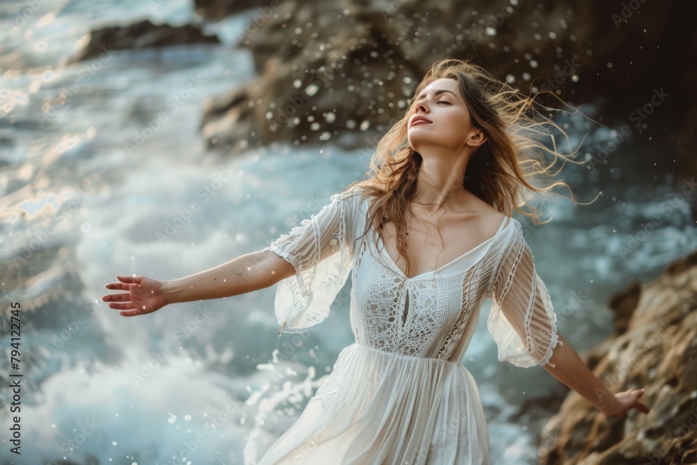 Woman standing on rock with open arms in the sea- happiness, vacation, freedom concept. Beautiful simple AI generated image in 4K, unique. Woman standing on rock with open arms in the sea- happiness, vacation, freedom concept. Beautiful simple AI generated image in 4K, unique.
