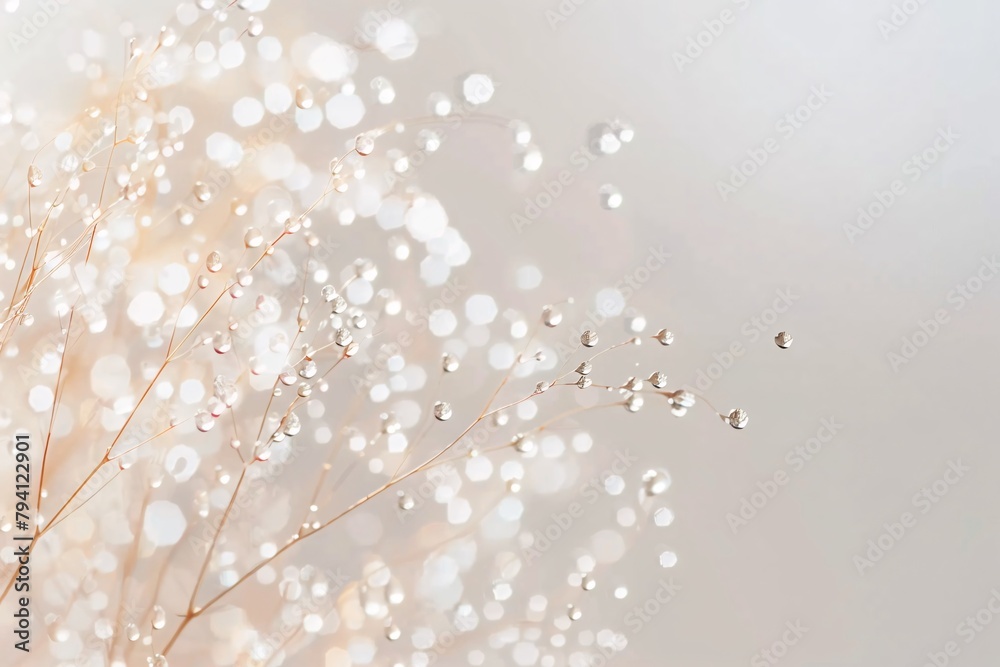 Naklejka premium Delicate branches with water droplets surrounded by a soft, bokeh light background. Abstract background.
