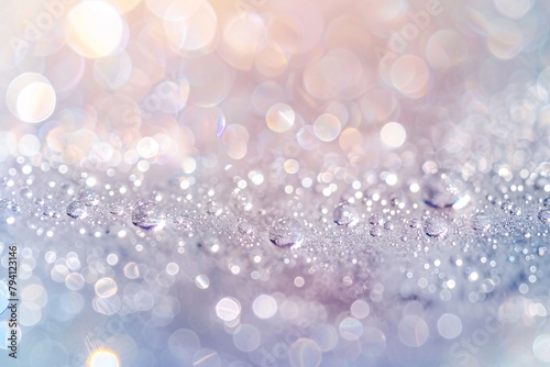 Abstract background with sparkling water droplets and blurring bokeh light effects in soft pastel colors.