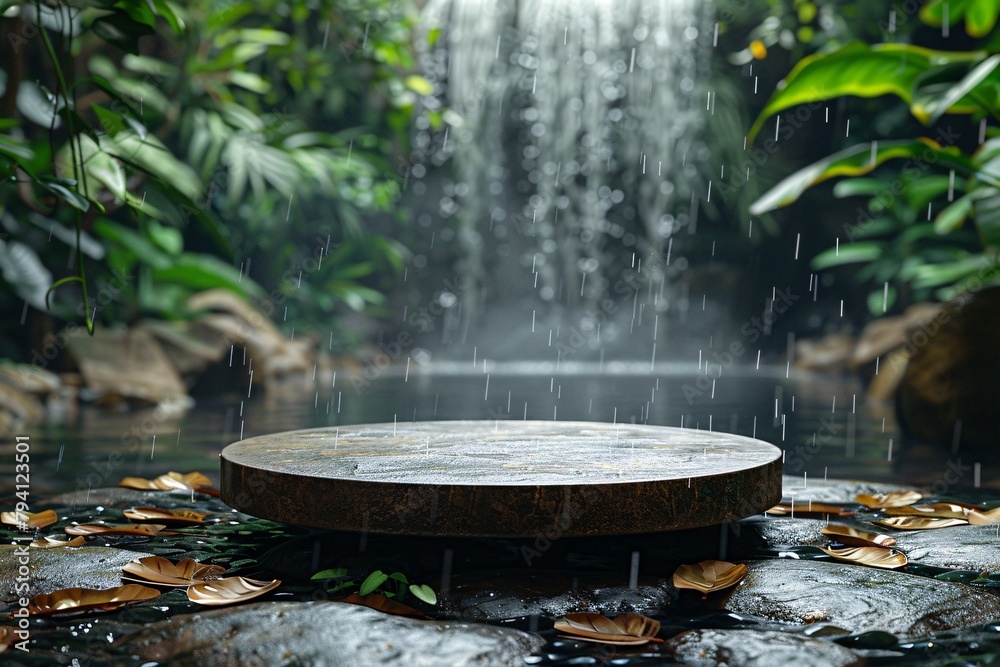Raindrops fall on a stone platform amidst tropical foliage and a waterfall. Raindrops fall on a stone platform amidst tropical foliage and a waterfall.