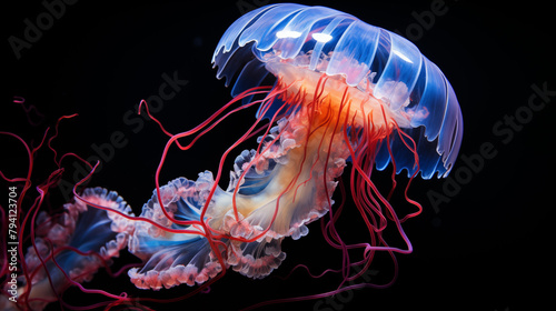 Stunning Underwater Shot of a Blue Jellyfish with Red Tentacles © heroimage.io