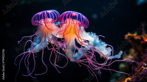 Pair of Jellyfish with Illuminated Tentacles in Dark Ocean Waters photo