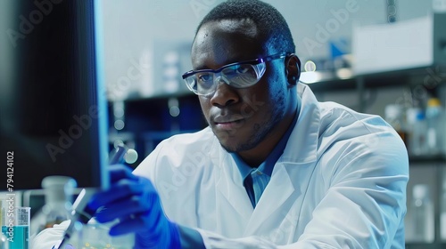 african american scientist conducting pharmaceutical research focused on computer analysis modern laboratory setting medical advancement concept stock photography