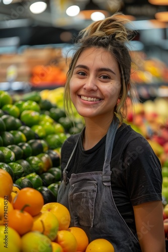 Smiling hispanic female supermarket fruit section worker looking at the camera
