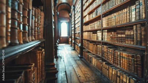 ancient library interior with rows of old books on wooden shelves historical knowledge concept