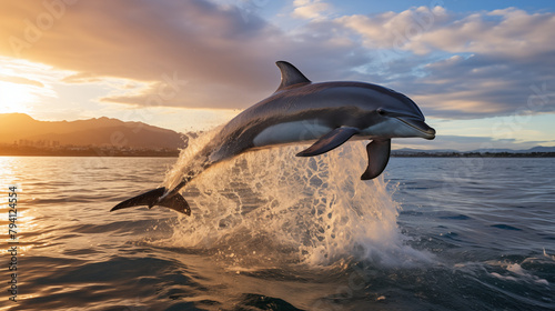 Single Dolphin Jumping at Golden Hour with Cityscape