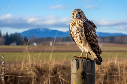 Towering red-tailed hawk perched on a weathered fence post surveying its territory below photo