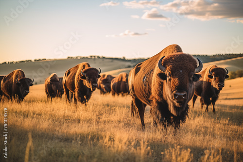 Herd of majestic bison grazing on the rolling plains of the American Midwest photo