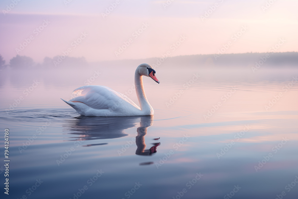Elegant swan gliding serenely across the calm surface of a glassy lake at dawn Elegant swan gliding serenely across the calm surface of a glassy lake at dawn
