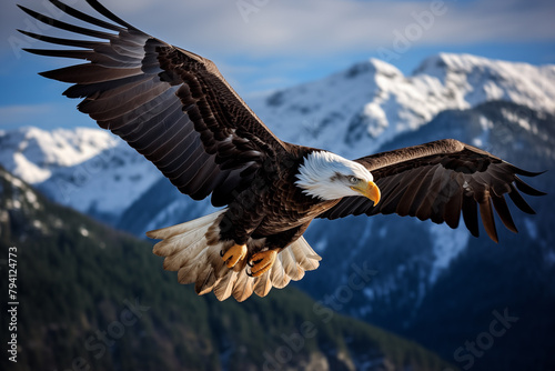 Magnificent bald eagle soaring majestically against a mountain backdrop
