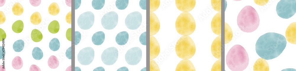 Watercolor set of seamless patterns. Collection of hand drawn pastel Easter eggs Watercolor set of seamless patterns. Collection of hand drawn pastel Easter eggs