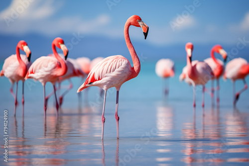 Flock of flamingos wading gracefully in a shimmering saltwater lagoon © The Origin 33