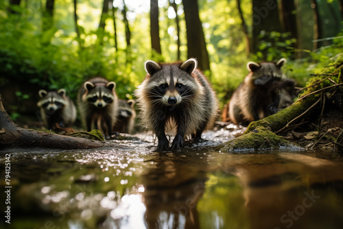 Group of curious raccoons foraging for food along the banks of a tranquil woodland stream photo