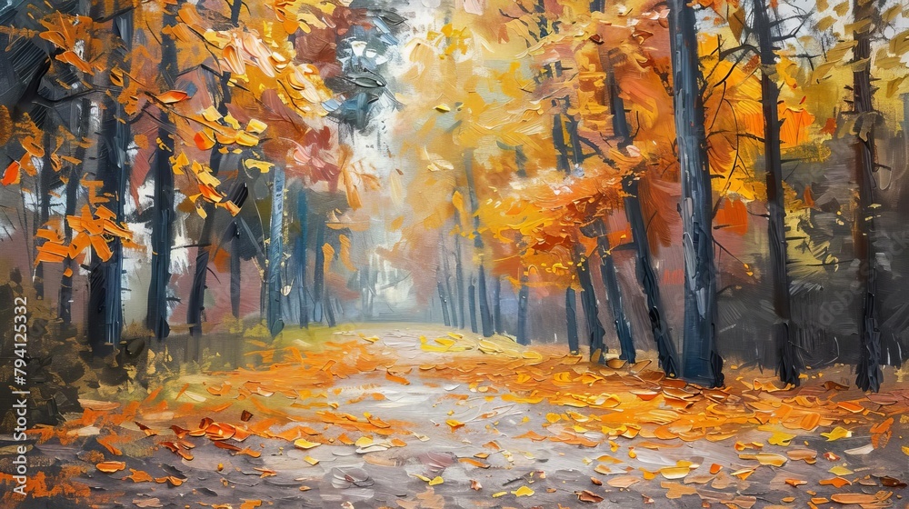 autumn park pathway with footsteps on fallen leaves oil painting illustration