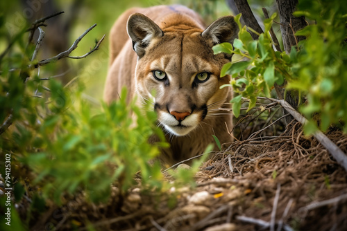 Agile mountain lion stealthily stalking its prey through dense underbrush