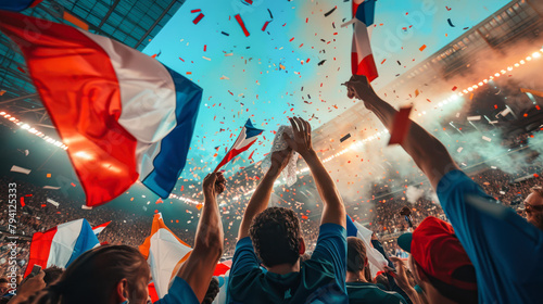 French football soccer fans in a stadium supporting the national team holding national flags. Crowd of Fans Shout Cheering For their Team to Win. Celebrate Scoring a Goal, Olympic games 2024