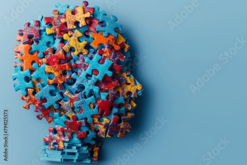 World autism awareness day concept. Kid head with colorful puzzle pieces on light blue background2 photo