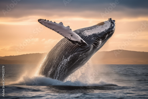 Graceful humpback whale breaching out of the ocean waters, its massive body suspended momentarily in mid-air