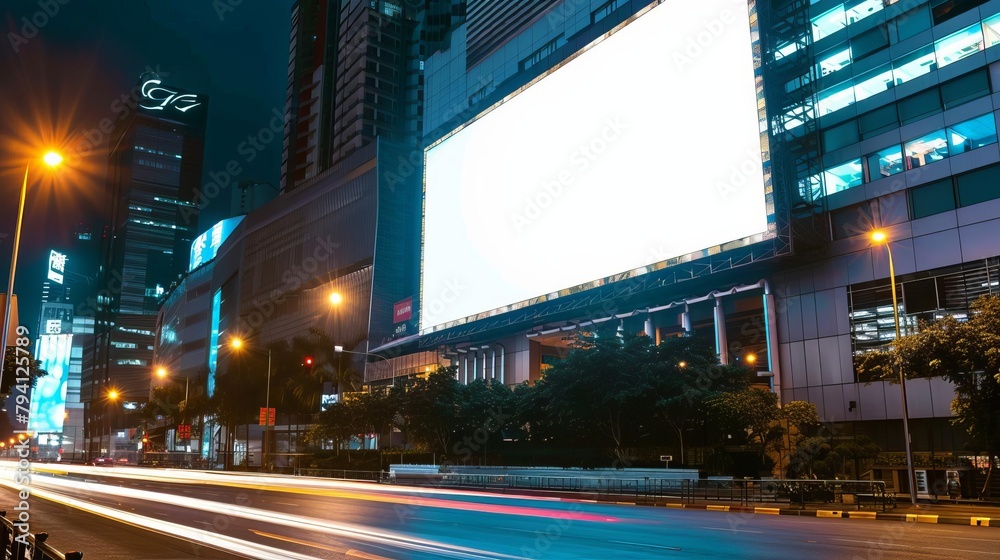 blank white advertising billboard on modern office building at night urban mockup