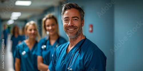 Cheerful medical team standing in hospital hallway