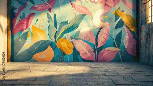 A vibrant mural of stylized flowers adorns a wall in a room with a tiled floor