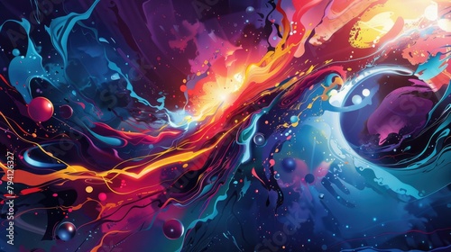 A vivid, abstract cosmic illustration with swirling colors and floating spheres