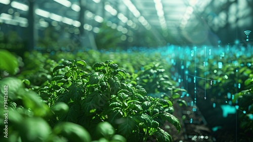 A digital smart farm concept with plants growing in a greenhouse and data being collected about the plants.