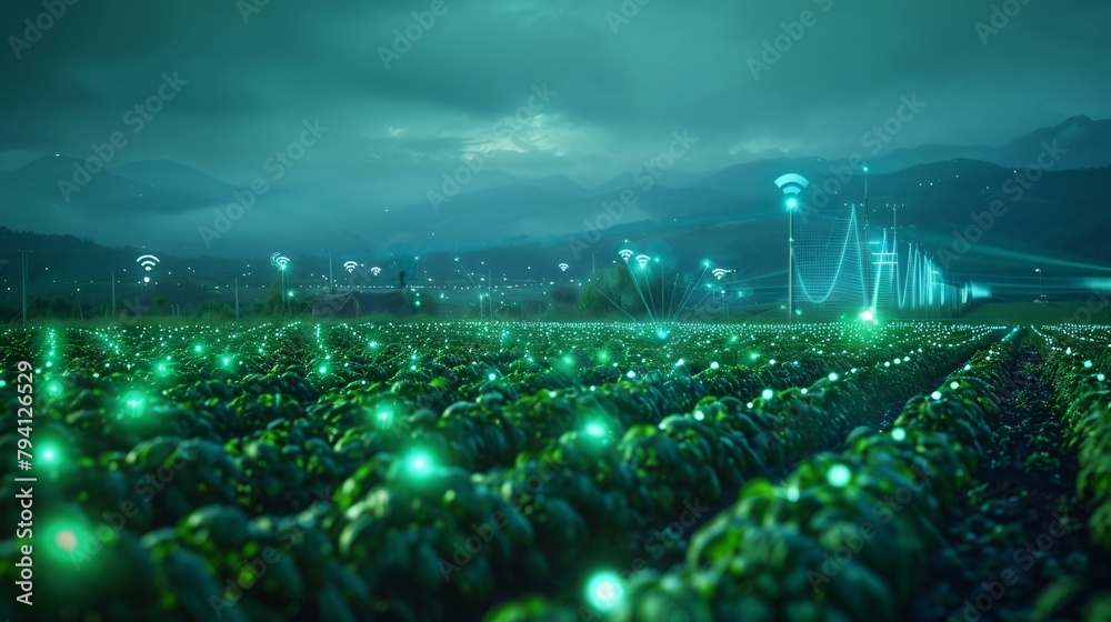 A digital representation of an agricultural field with green glowing plants and wireless communication symbols.