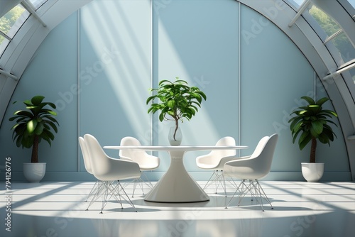 Office table with chairs and laptop in an interior design setting