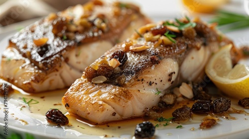 Fish steaks filled with raisins and almonds